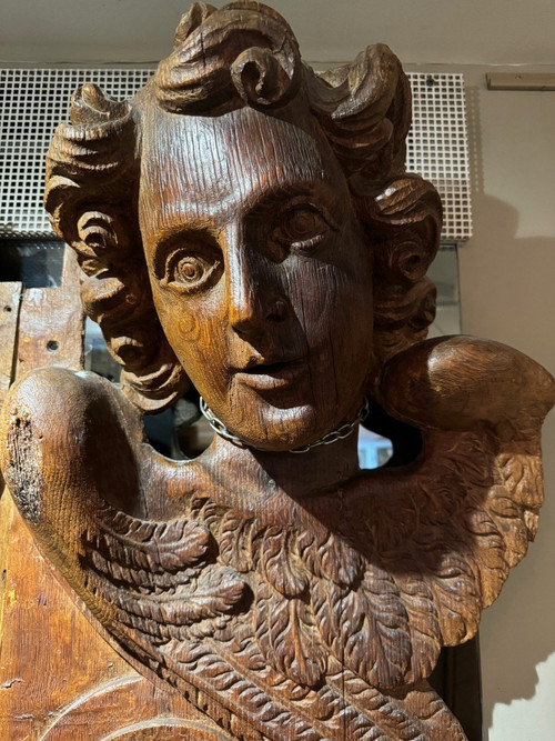 Très grands éléments de boiserie, anges ailés, Flandres,17e S.