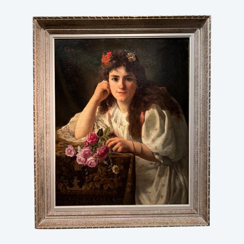 Ritratto di giovane ragazza con mazzo di rose, V.HUGON, 1896