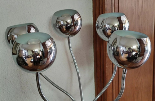 Lampada da terra snodabile di design a 5 luci in metallo cromato