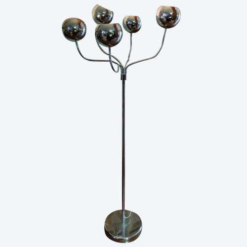 Lampada da terra snodabile di design a 5 luci in metallo cromato