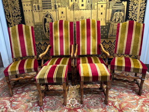 Pair of armchairs, pair of Louis XIII chairs and poufs