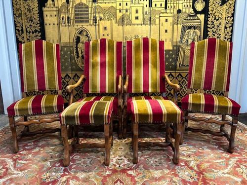 Pair of armchairs, pair of Louis XIII chairs and poufs