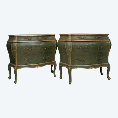 Paire De Commodes Vénitiennes En Bois Laqué Vers 1900