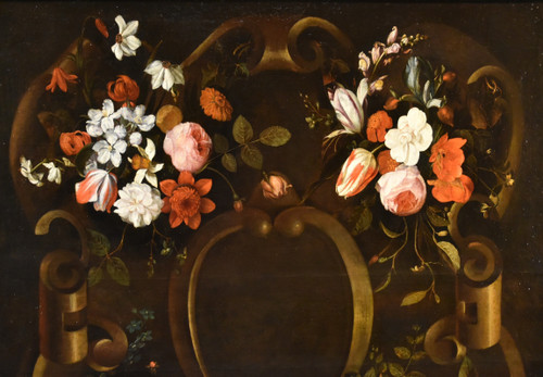 Blumengirlande mit Kartusche, Frans Van Everbroeck (Antwerpen, 1628 - London 1693)