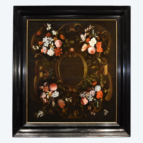 Blumengirlande mit Kartusche, Frans Van Everbroeck (Antwerpen, 1628 - London 1693)
