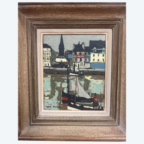 Tableau Jacques BOUYSSOU 1926-1997 marine vue du port de HONFLEUR 