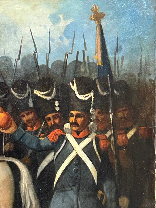 Napoleon Bonaparte on Campaign and His Grognards - Oil on Canvas, 19th Century