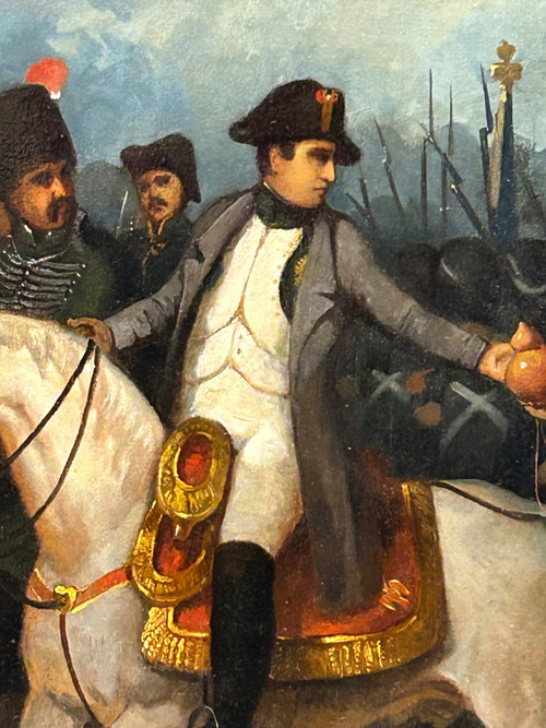 Napoleon Bonaparte on Campaign and His Grognards - Oil on Canvas, 19th Century