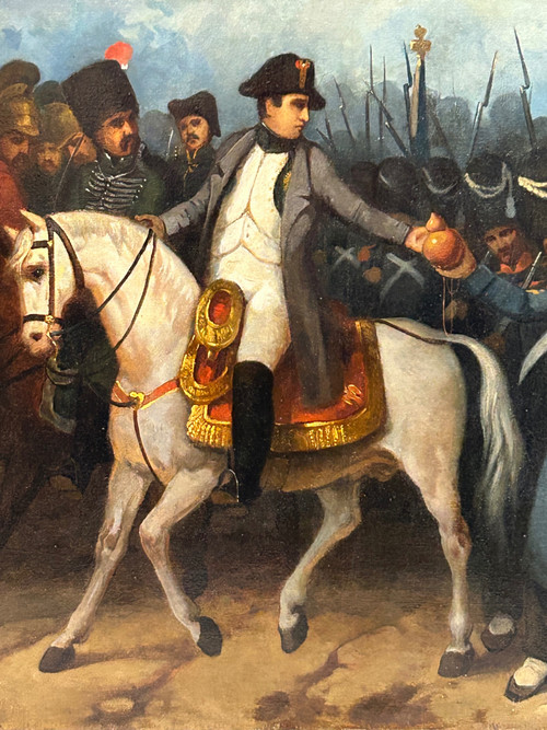 Napoleon Bonaparte on Campaign and His Grognards - Oil on Canvas, 19th Century