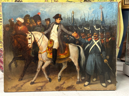 Napoleon Bonaparte on Campaign and His Grognards - Oil on Canvas, 19th Century