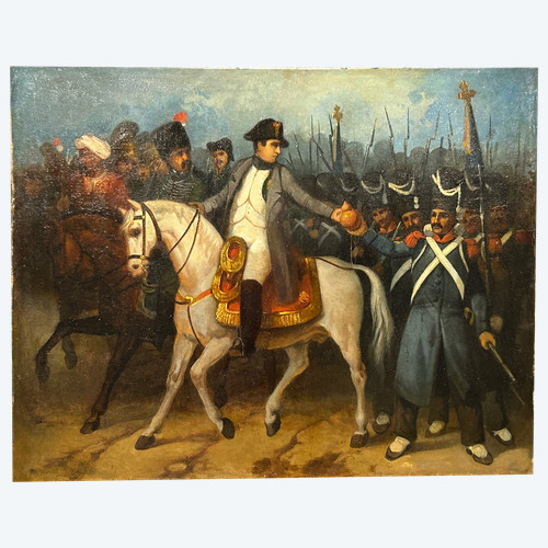 Napoleon Bonaparte on Campaign and His Grognards - Oil on Canvas, 19th Century