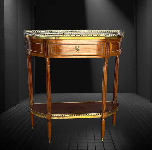1/2 MOON CONSOLE / DESSERTE IN MAHOGANY VENEER AND GILT BRASS WITH MARBLE TOP