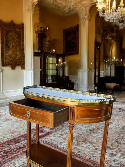 1/2 MOON CONSOLE / DESSERTE IN MAHOGANY VENEER AND GILT BRASS WITH MARBLE TOP