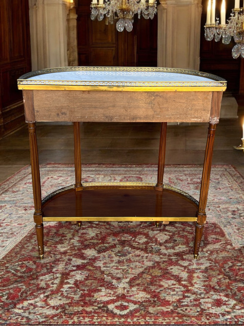 1/2 MOON CONSOLE / DESSERTE IN MAHOGANY VENEER AND GILT BRASS WITH MARBLE TOP