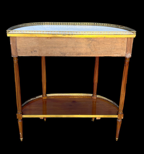 1/2 MOON CONSOLE / DESSERTE IN MAHOGANY VENEER AND GILT BRASS WITH MARBLE TOP