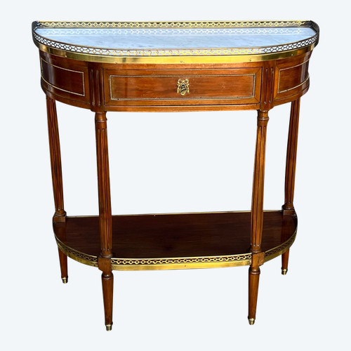 1/2 MOON CONSOLE / DESSERTE IN MAHOGANY VENEER AND GILT BRASS WITH MARBLE TOP