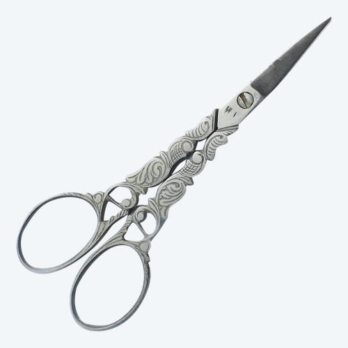 Paire de ciseaux anciens courbés en acier à broder, couture, ongles italiens signés XIXe 
