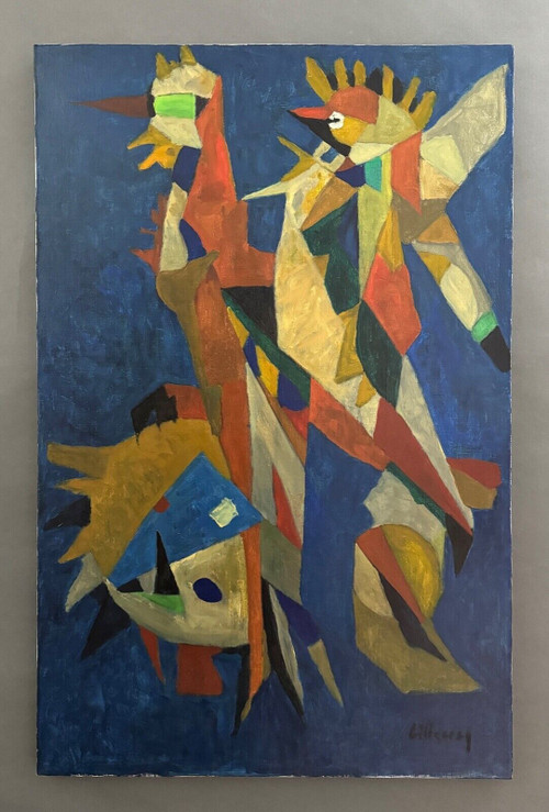 Oil on canvas by Jean Billecocq modern composition with roosters 1960