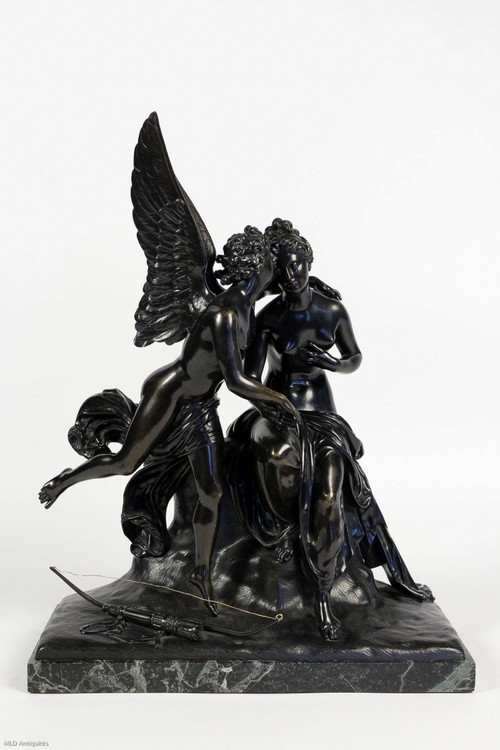 Gruppo in bronzo a patina nera Angelo e Ninfa Periodo romantico 1830-1840 circa
