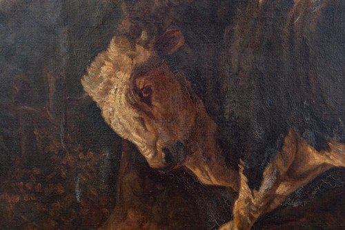 Öl auf Leinwand Stier reibt sich nach Brascassat an einem Baum