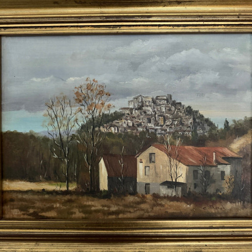 Huile sur toile par C. Theron Cordes-sur-Ciel Tarn 1991