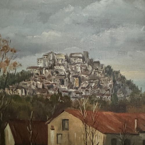 Huile sur toile par C. Theron Cordes-sur-Ciel Tarn 1991