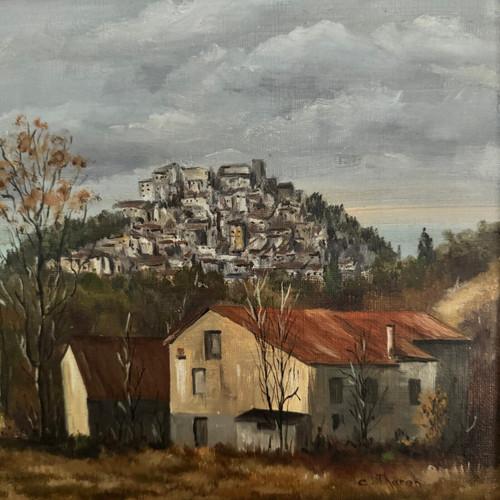 Huile sur toile par C. Theron Cordes-sur-Ciel Tarn 1991