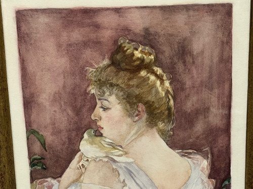 tableau aquarelle XIX ème siècle portrait élégante à la colombe signé LOUISE