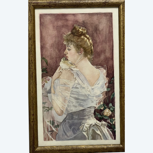 tableau aquarelle XIX ème siècle portrait élégante à la colombe signé LOUISE