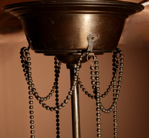 Elegante Pendelleuchte aus Kupfer und Messing im Jugendstil/Art Deco der Amsterdamer Schule, um 1900-20.