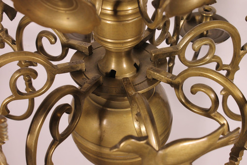 Lustre Renaissance En Bronze à 8 Branches Décoré d'Oiseaux