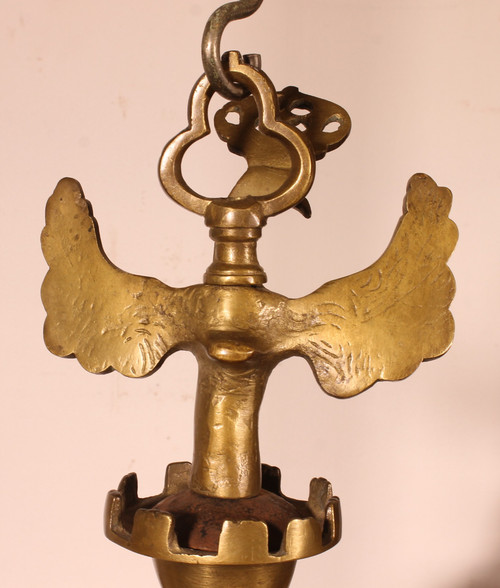 Lustre Renaissance En Bronze à 8 Branches Décoré d'Oiseaux
