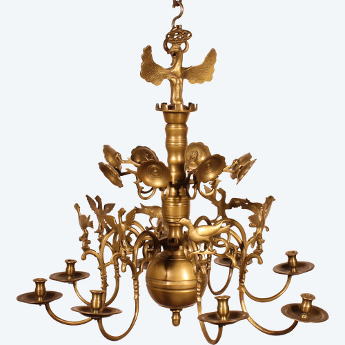 Lustre Renaissance En Bronze à 8 Branches Décoré d'Oiseaux