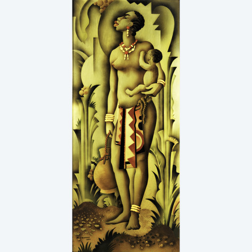 Marcel Couderc, Lack auf Tafel „Afrikaner und Kind“, Art-Deco-Gemälde