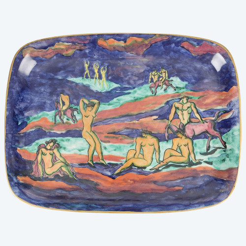 Jean Mayodon, Dish with Centaurs and Bathers, Art Deco Ceramics from the 50s
