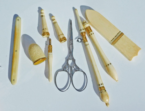 Antique Sewing Box Early 19th Century Scissors Thimble Needle Case Crochet Embroidery