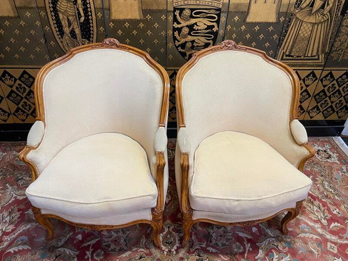 Paire de fauteuils bergères gondoles de style Louis XV