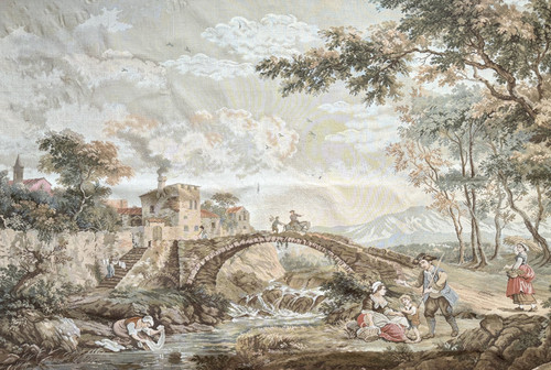 Tapisserie mécanique représentant paysage animé autour d'une village