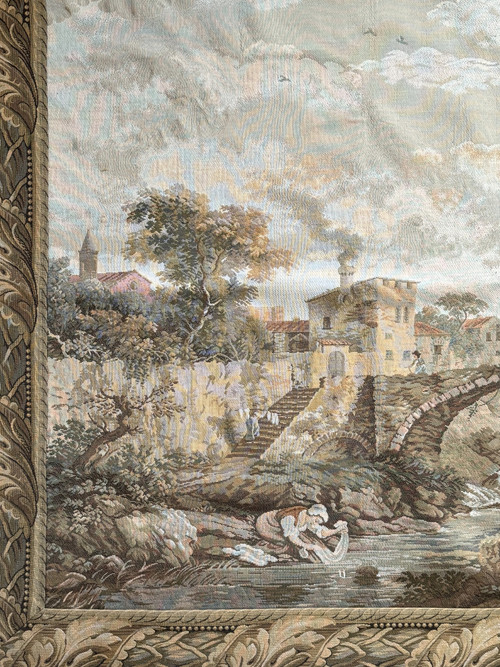 Tapisserie mécanique représentant paysage animé autour d'une village