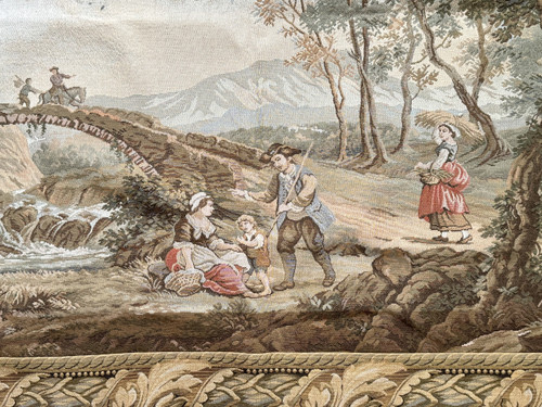 Tapisserie mécanique représentant paysage animé autour d'une village