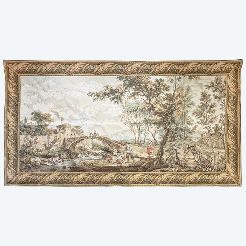 Tapisserie mécanique représentant paysage animé autour d'une village