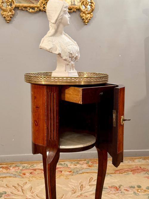 Small Transition Style Marquetry Drum Coffee Table from the Napoleon III Period