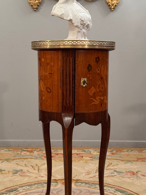 Small Transition Style Marquetry Drum Coffee Table from the Napoleon III Period