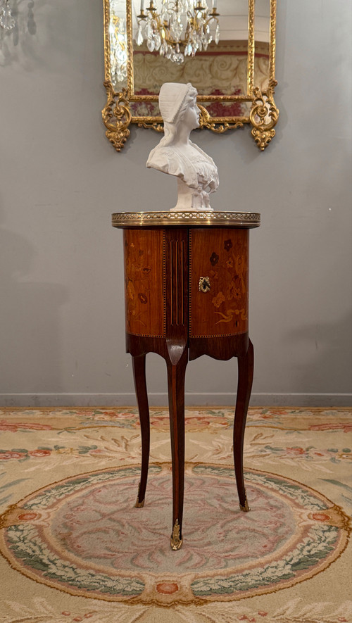 Small Transition Style Marquetry Drum Coffee Table from the Napoleon III Period