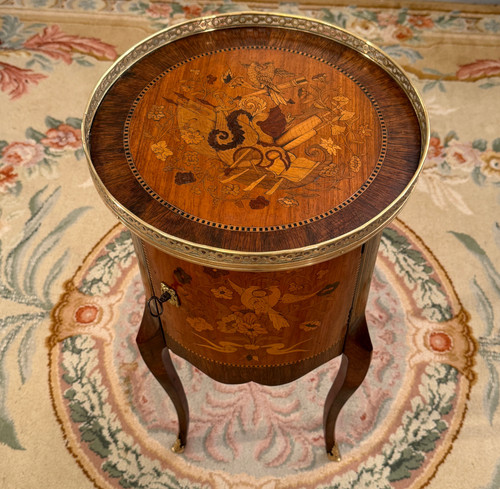 Small Transition Style Marquetry Drum Coffee Table from the Napoleon III Period