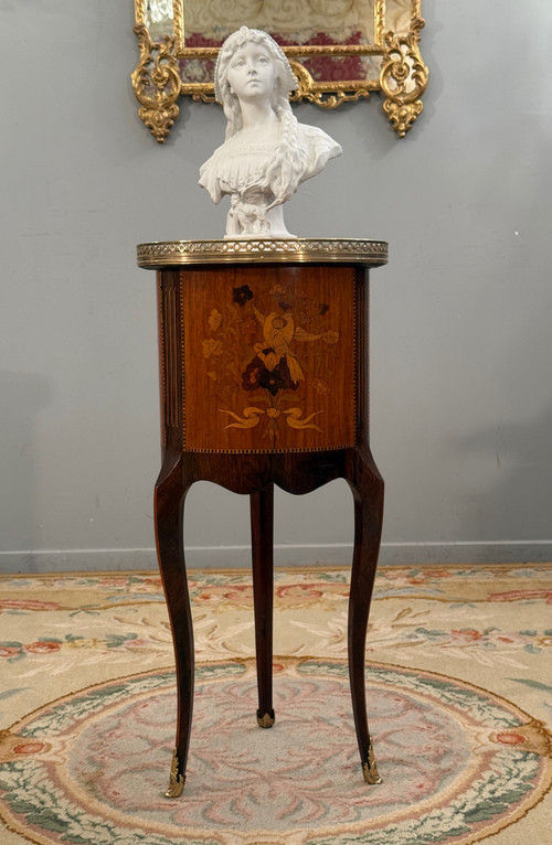Small Transition Style Marquetry Drum Coffee Table from the Napoleon III Period