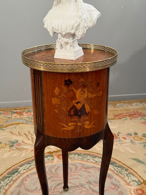 Small Transition Style Marquetry Drum Coffee Table from the Napoleon III Period