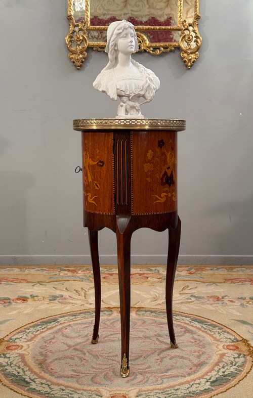 Small Transition Style Marquetry Drum Coffee Table from the Napoleon III Period
