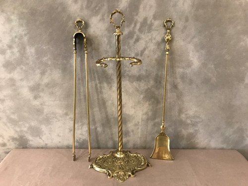 Altes Kaminset aus Messing und Bronze aus dem 19. Jahrhundert 