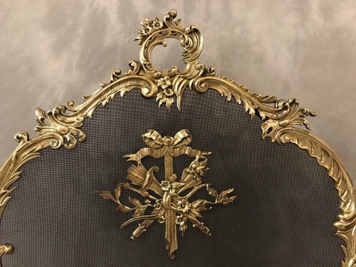 Pare feu écran de cheminée ancien en bronze d'époque 19 ème 